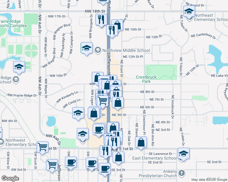 map of restaurants, bars, coffee shops, grocery stores, and more near 757 North Ankeny Boulevard in Ankeny
