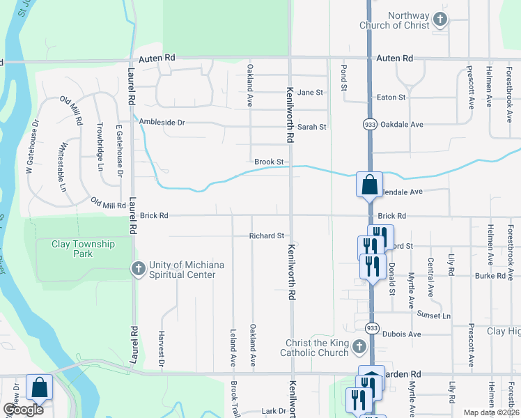 map of restaurants, bars, coffee shops, grocery stores, and more near 20000-20136 Brick Road in South Bend