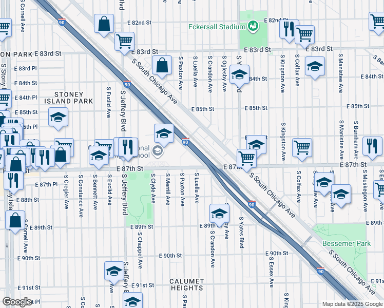 map of restaurants, bars, coffee shops, grocery stores, and more near 8600 South Anthony Avenue in Chicago