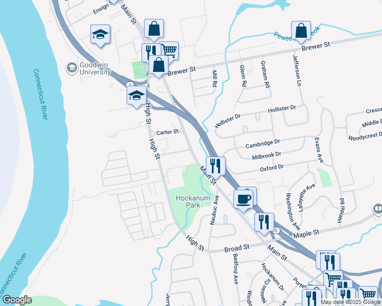 map of restaurants, bars, coffee shops, grocery stores, and more near 210 Main Street in Wethersfield