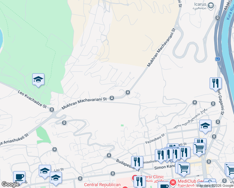 map of restaurants, bars, coffee shops, grocery stores, and more near Mukhran Machavariani Street in T'bilisi