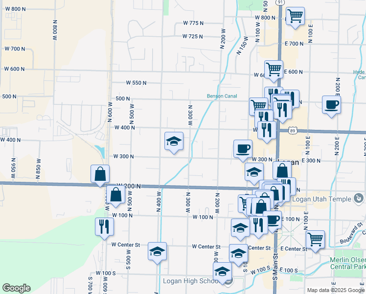 map of restaurants, bars, coffee shops, grocery stores, and more near 305 West 300 North in Logan