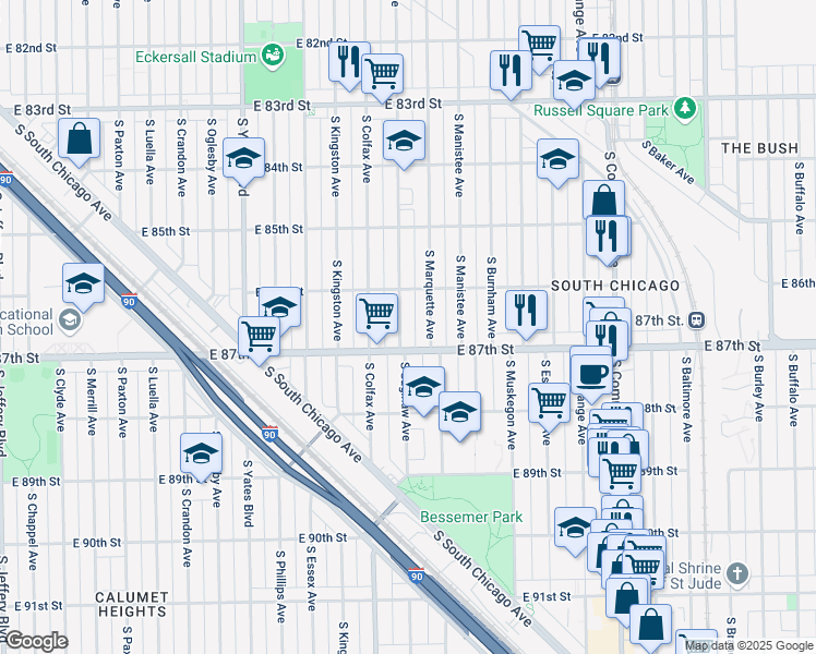 map of restaurants, bars, coffee shops, grocery stores, and more near 2644 East 87th Street in Chicago