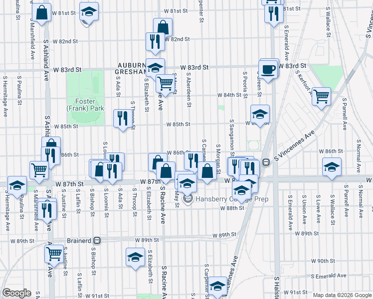 map of restaurants, bars, coffee shops, grocery stores, and more near 8606 South Aberdeen Street in Chicago