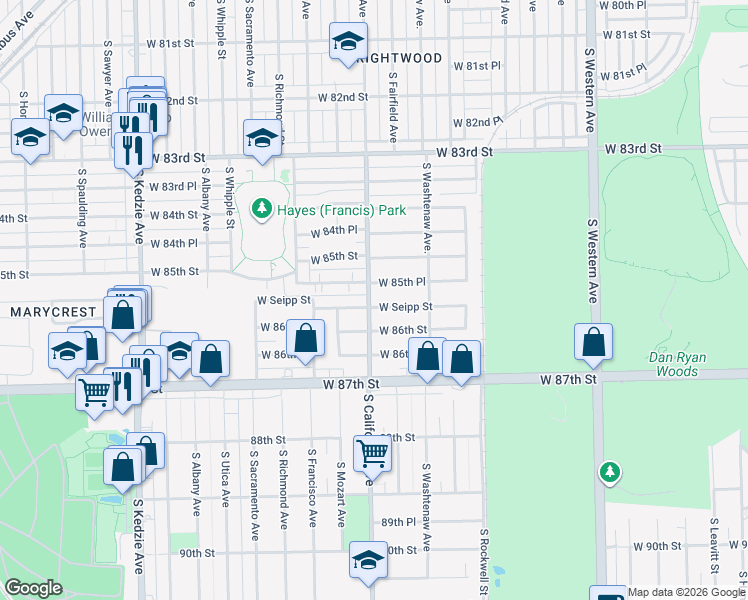 map of restaurants, bars, coffee shops, grocery stores, and more near 2743 West Seipp Street in Chicago