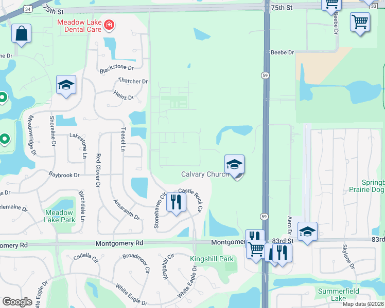 map of restaurants, bars, coffee shops, grocery stores, and more near 4230 Castle Rock Circle in Aurora