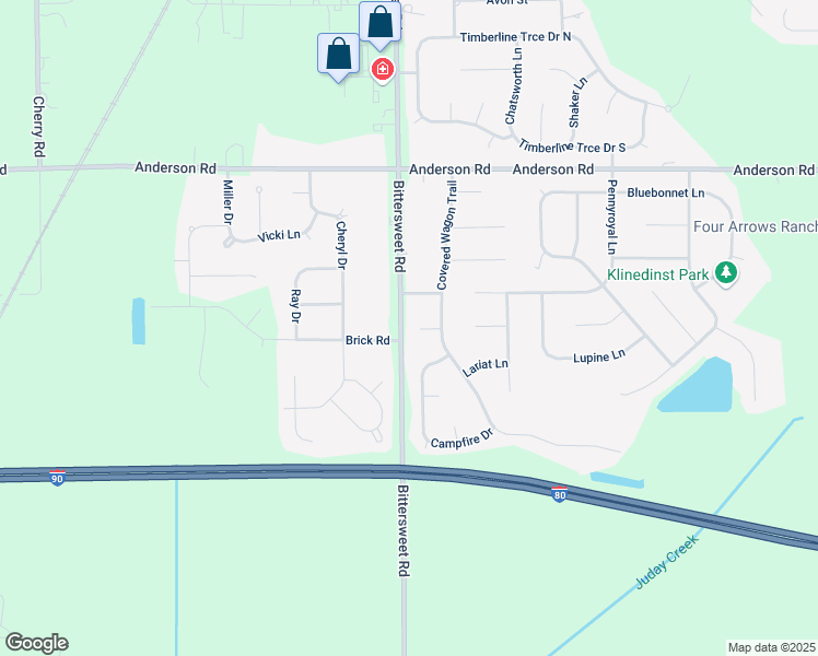 map of restaurants, bars, coffee shops, grocery stores, and more near 52200-52378 Bittersweet Rd in Granger