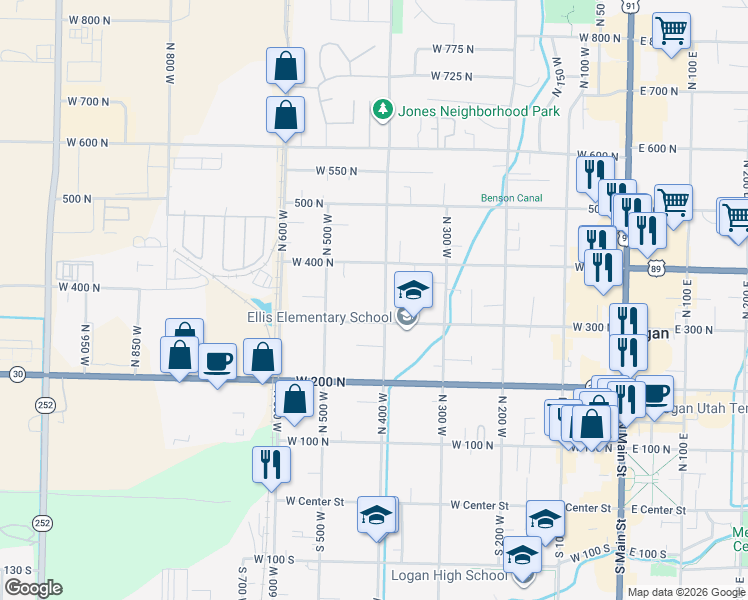 map of restaurants, bars, coffee shops, grocery stores, and more near 431 West 300 North in Logan