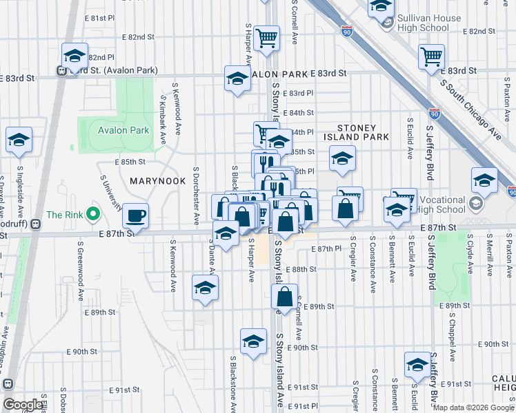 map of restaurants, bars, coffee shops, grocery stores, and more near 1534 East 86th Place in Chicago