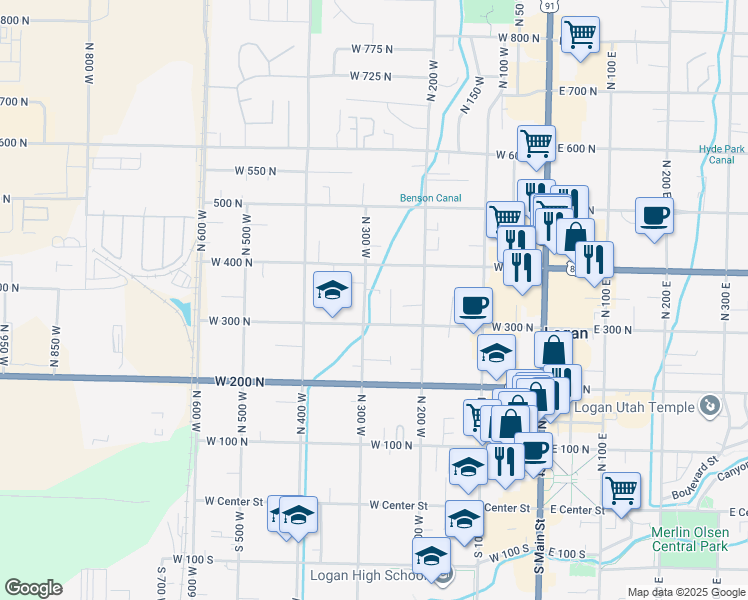 map of restaurants, bars, coffee shops, grocery stores, and more near 255 West 300 North in Logan