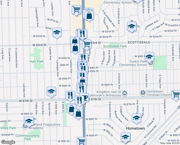 map of restaurants, bars, coffee shops, grocery stores, and more near 8521 South Keating Avenue in Chicago