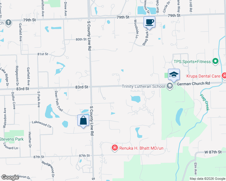map of restaurants, bars, coffee shops, grocery stores, and more near 8333 South County Line Road in Burr Ridge