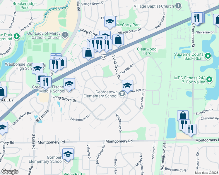 map of restaurants, bars, coffee shops, grocery stores, and more near 954 Oakland Lane in Aurora