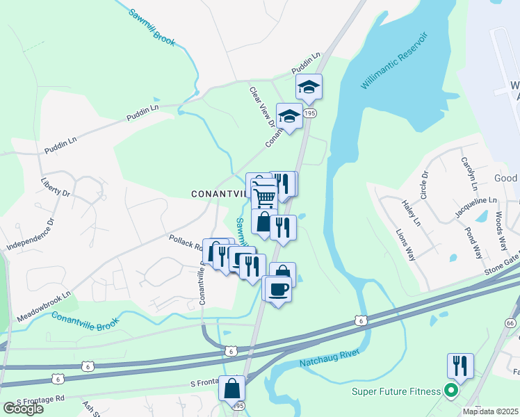 map of restaurants, bars, coffee shops, grocery stores, and more near 141 Storrs Road in Mansfield