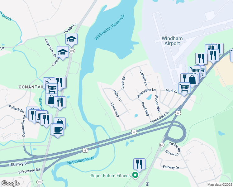 map of restaurants, bars, coffee shops, grocery stores, and more near 25 Haley Lane in Windham