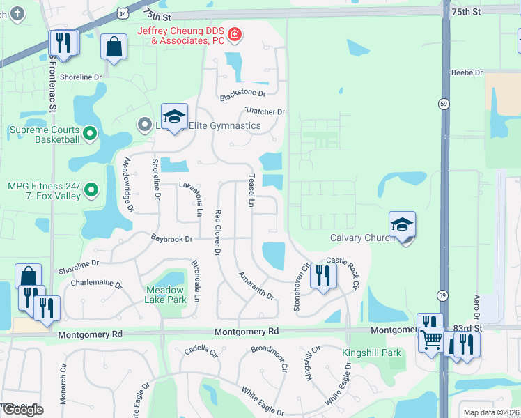 map of restaurants, bars, coffee shops, grocery stores, and more near 1021 Teasel Lane in Aurora