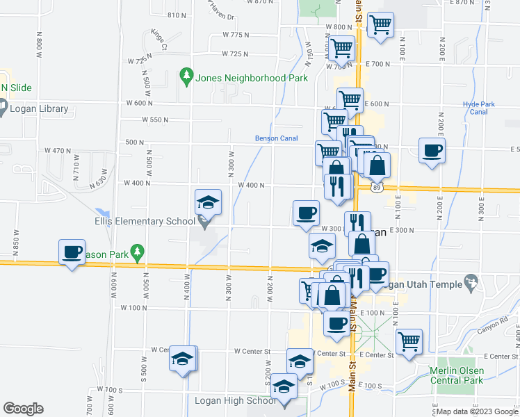 map of restaurants, bars, coffee shops, grocery stores, and more near 345 North 200 West in Logan