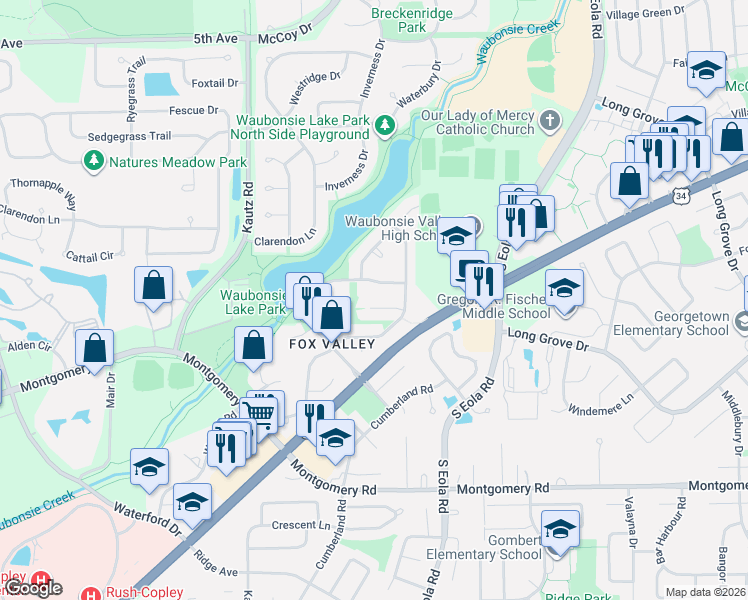 map of restaurants, bars, coffee shops, grocery stores, and more near 2405 Harbor Court in Aurora