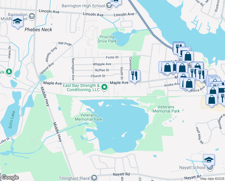 map of restaurants, bars, coffee shops, grocery stores, and more near 16 Joy Street in Barrington