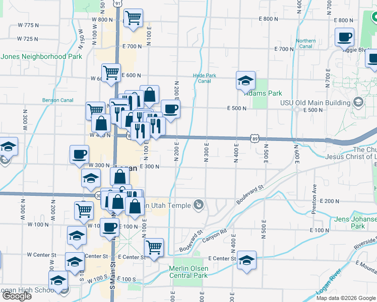 map of restaurants, bars, coffee shops, grocery stores, and more near 240 East 400 North in Logan