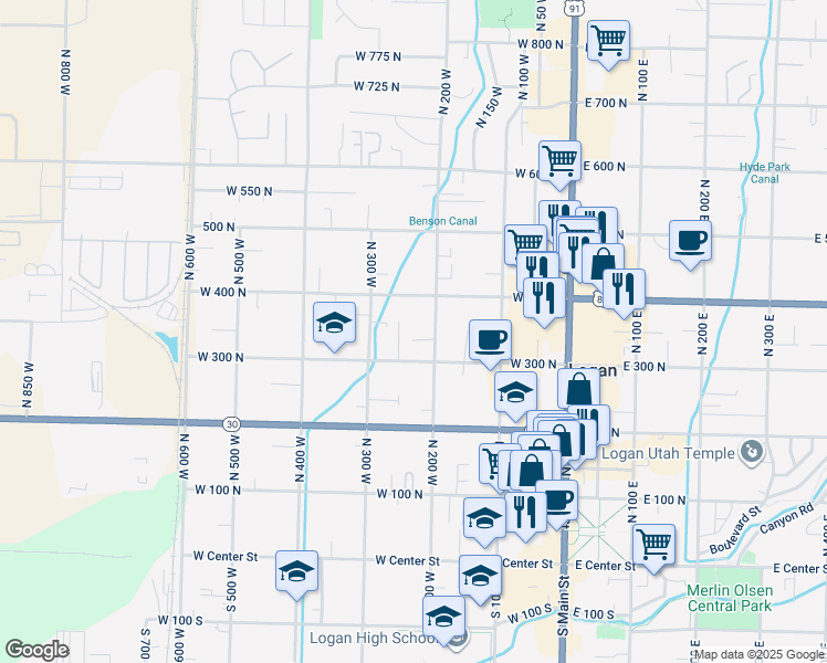 map of restaurants, bars, coffee shops, grocery stores, and more near 255 West 300 North in Logan