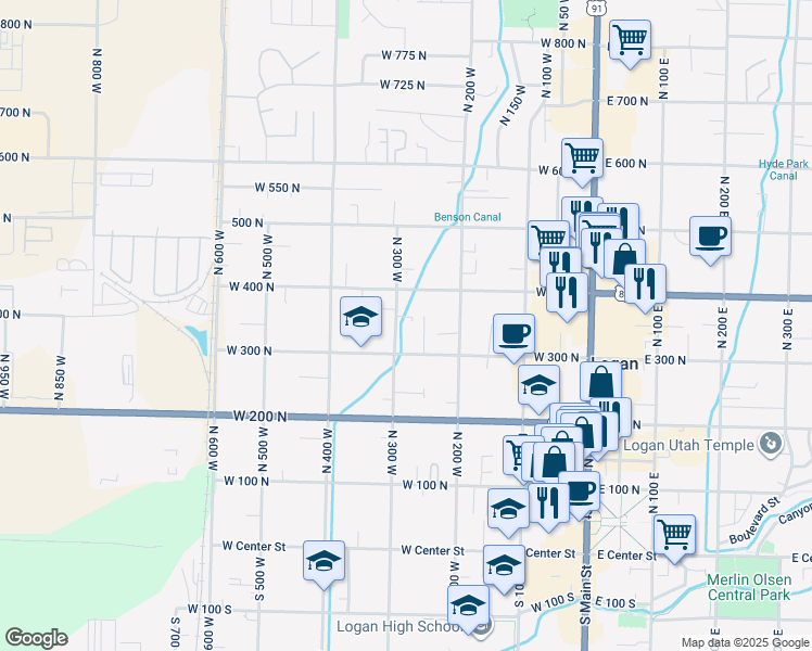 map of restaurants, bars, coffee shops, grocery stores, and more near 255 West 300 North in Logan