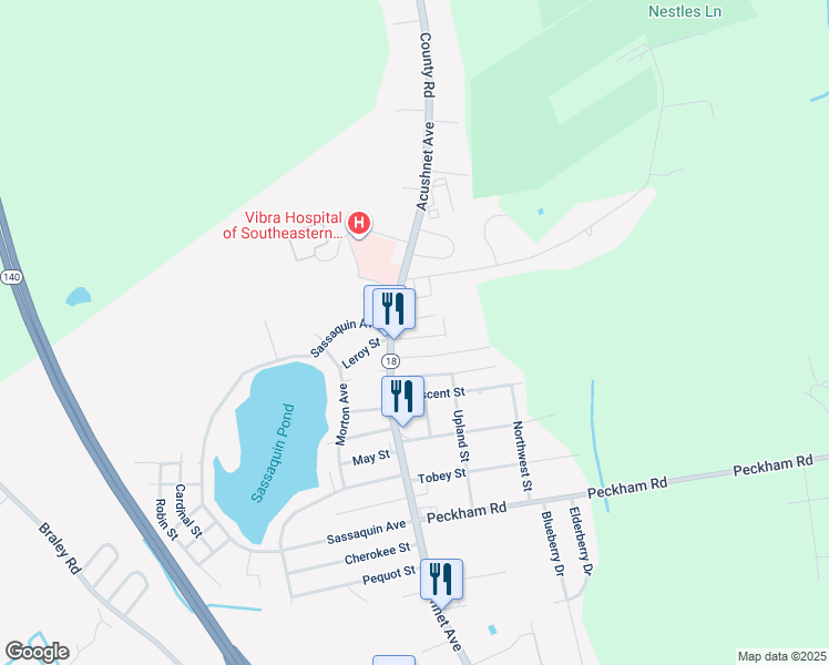 map of restaurants, bars, coffee shops, grocery stores, and more near 983 Oakley Street in New Bedford