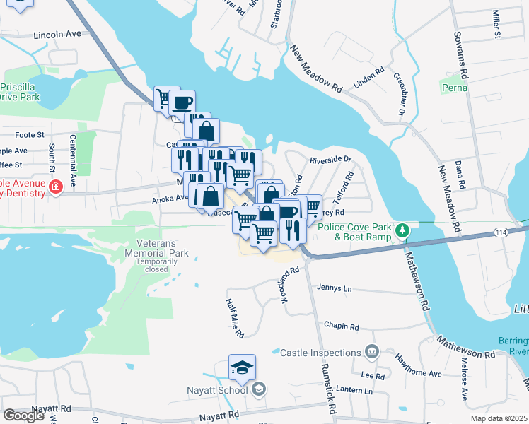 map of restaurants, bars, coffee shops, grocery stores, and more near 180-188 County Road in Barrington