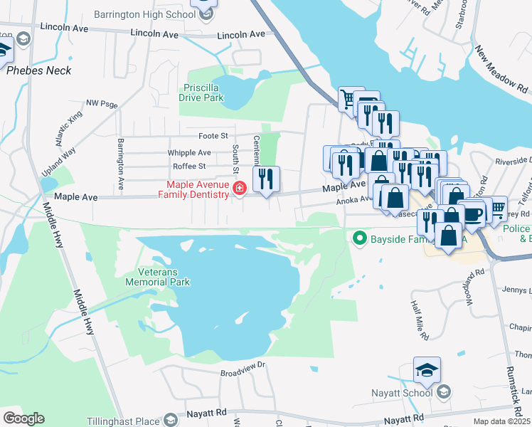 map of restaurants, bars, coffee shops, grocery stores, and more near 286 Maple Avenue in Barrington