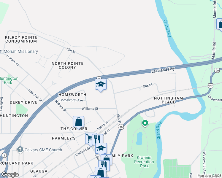 map of restaurants, bars, coffee shops, grocery stores, and more near 585 Elm Street in Painesville