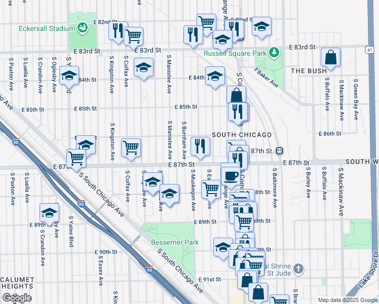 map of restaurants, bars, coffee shops, grocery stores, and more near 8652 South Burnham Avenue in Chicago