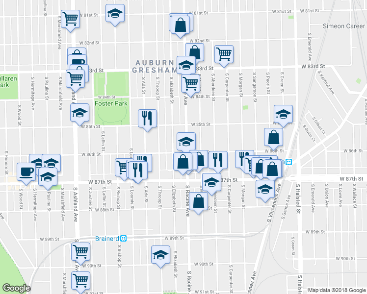map of restaurants, bars, coffee shops, grocery stores, and more near 8609 South Elizabeth Street in Chicago