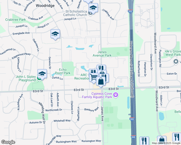 map of restaurants, bars, coffee shops, grocery stores, and more near 8225 Mourning Dove Court in Woodridge