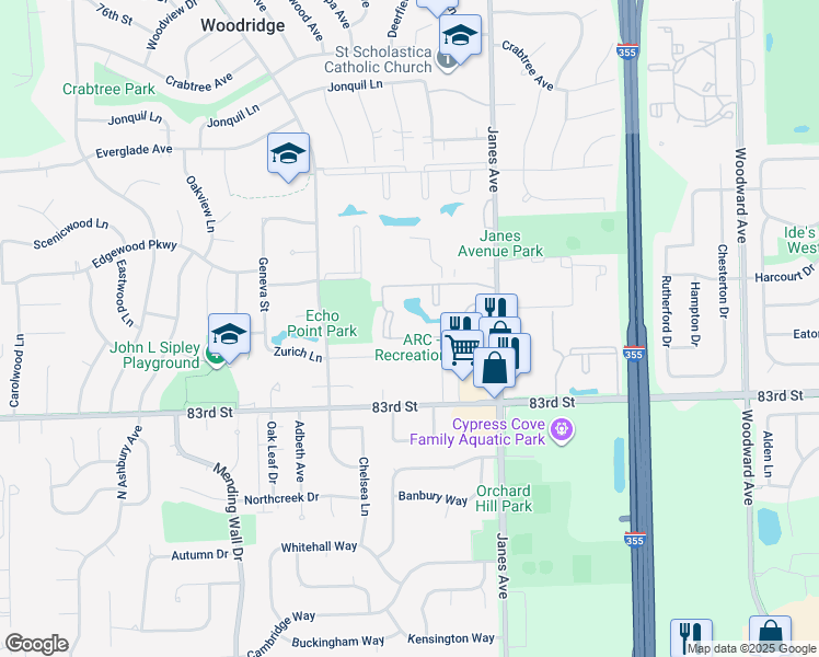 map of restaurants, bars, coffee shops, grocery stores, and more near 8201 Mourning Dove Court in Woodridge