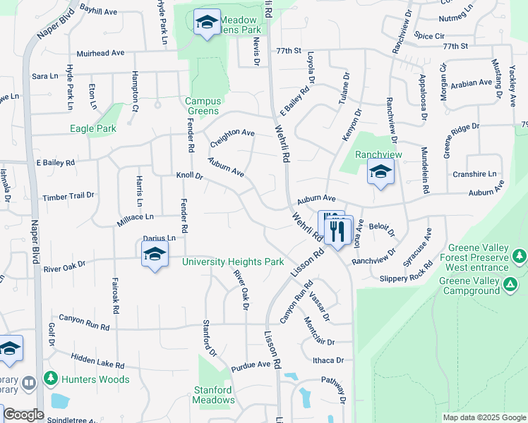 map of restaurants, bars, coffee shops, grocery stores, and more near 1420 Knoll Drive in Naperville