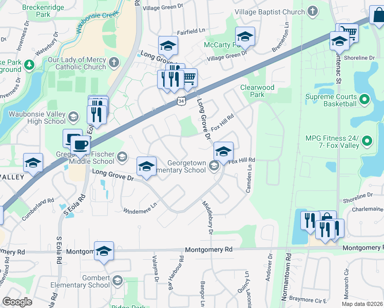 map of restaurants, bars, coffee shops, grocery stores, and more near 954 Oakland Lane in Aurora