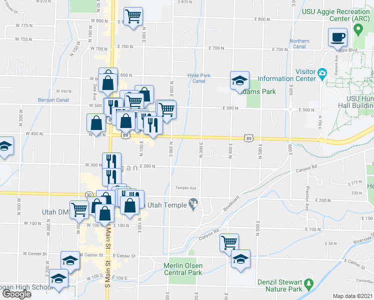 map of restaurants, bars, coffee shops, grocery stores, and more near 200 East 400 North in Logan