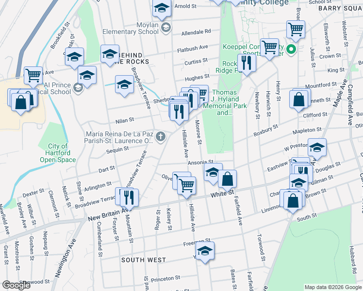 map of restaurants, bars, coffee shops, grocery stores, and more near 477 Hillside Avenue in Hartford