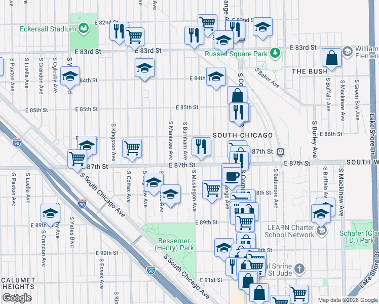 map of restaurants, bars, coffee shops, grocery stores, and more near 8652 South Burnham Avenue in Chicago