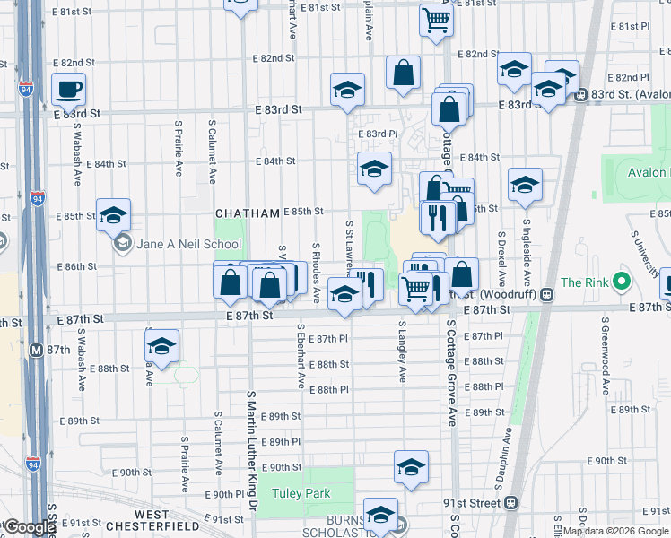 map of restaurants, bars, coffee shops, grocery stores, and more near 538 East 86th Place in Chicago