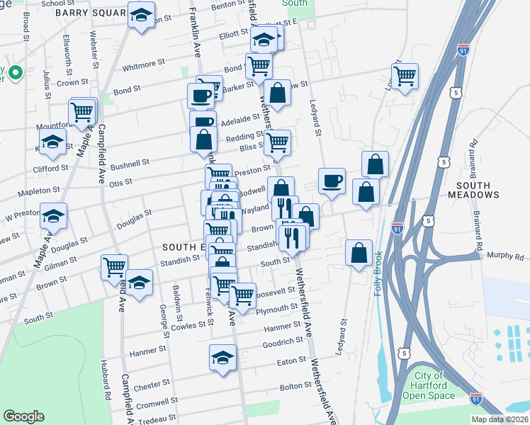 map of restaurants, bars, coffee shops, grocery stores, and more near 7 Brown Street in Hartford