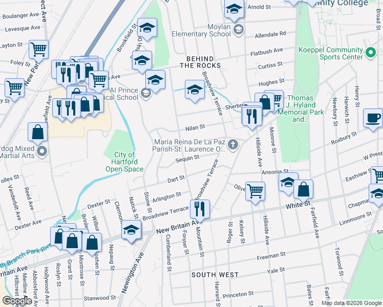 map of restaurants, bars, coffee shops, grocery stores, and more near 69 Sequin Street in Hartford