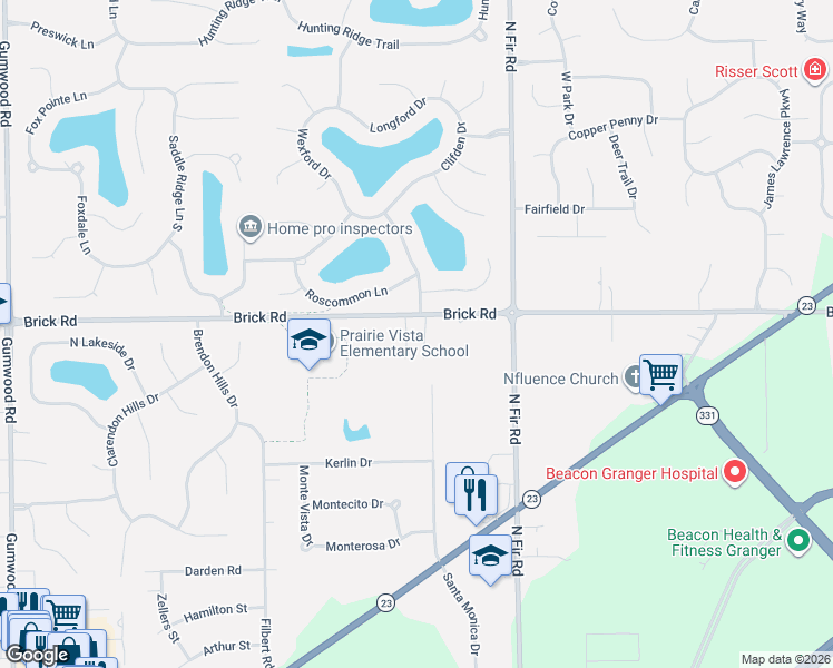 map of restaurants, bars, coffee shops, grocery stores, and more near 52195 Santa Monica Drive in Granger