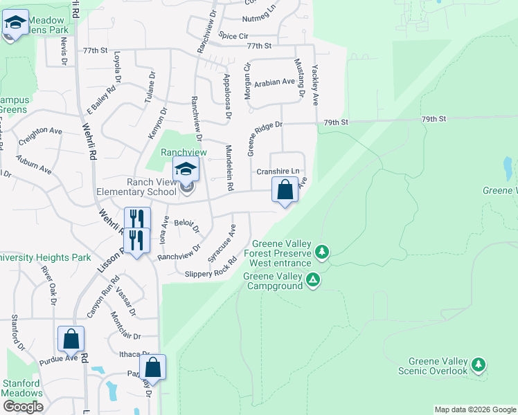 map of restaurants, bars, coffee shops, grocery stores, and more near 1804 Denison Road in Naperville