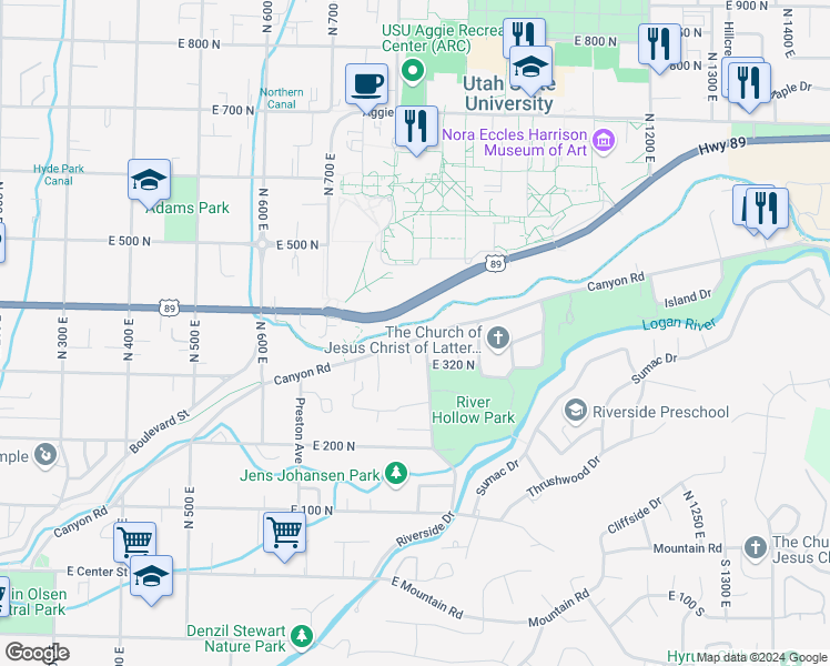 map of restaurants, bars, coffee shops, grocery stores, and more near 895 Canyon Road in Logan