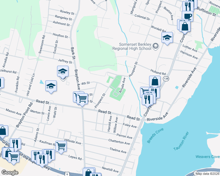 map of restaurants, bars, coffee shops, grocery stores, and more near 184 Prospect Street in Somerset