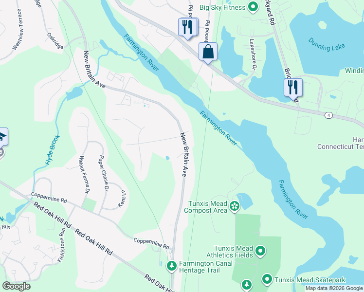 map of restaurants, bars, coffee shops, grocery stores, and more near 806 New Britain Avenue in Farmington