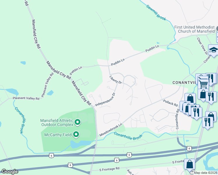 map of restaurants, bars, coffee shops, grocery stores, and more near 43 Liberty Drive in Mansfield