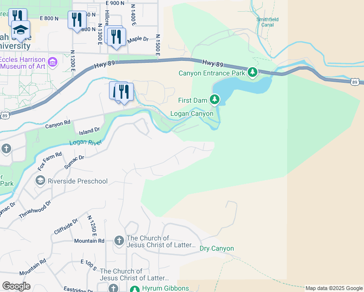 map of restaurants, bars, coffee shops, grocery stores, and more near 1609 Quail Way in Logan