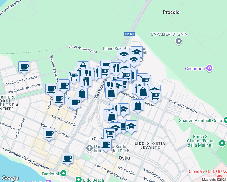 map of restaurants, bars, coffee shops, grocery stores, and more near Via Lorenzo Cusani Visconti in Lido di Ostia